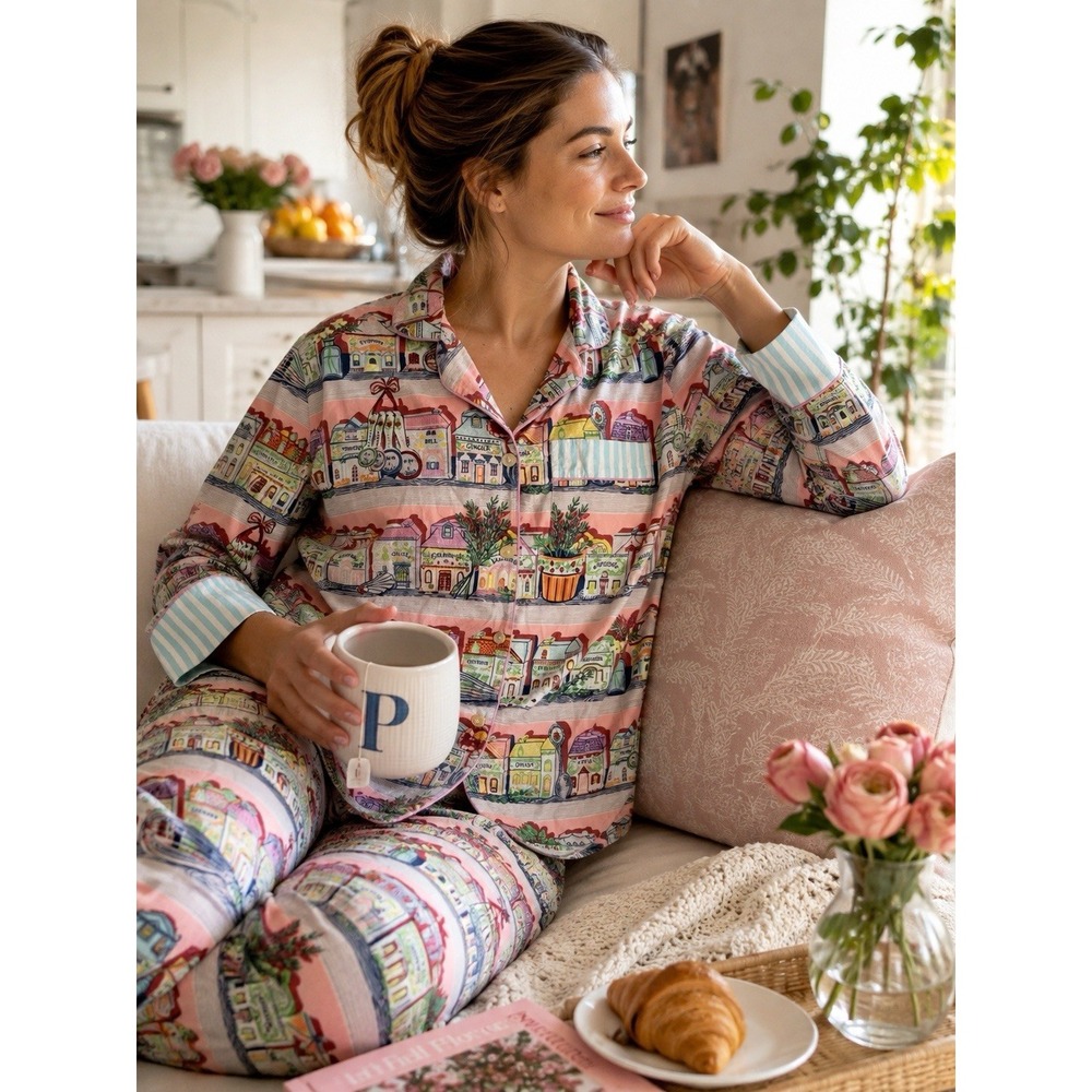 Print Fresh X Lenox Spice Village Pajama Top XS Oversized Pink Spice Organic Cot